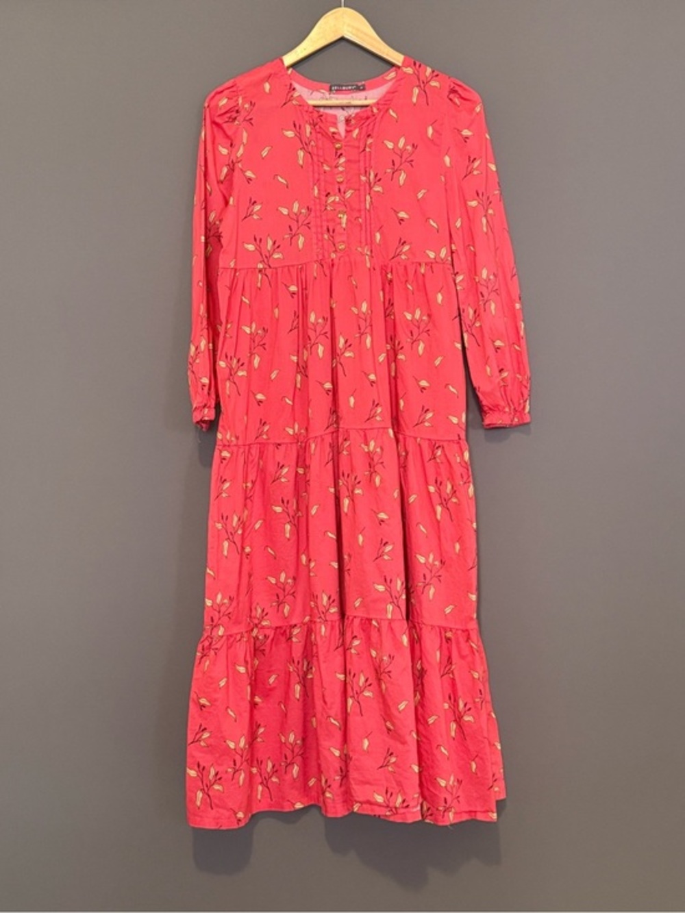 Zellbury Floral Tiered Maxi Dress Pink Long Sleeve Cotton Size M Boho Whimsy